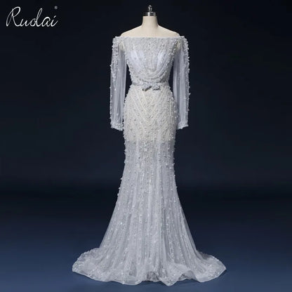 PEV-L3058 Luxury Heavy Beaded Party Gowns See Through Long Sleeve Customized Sexy Off Shoulder Evening Dress From Istanbul.