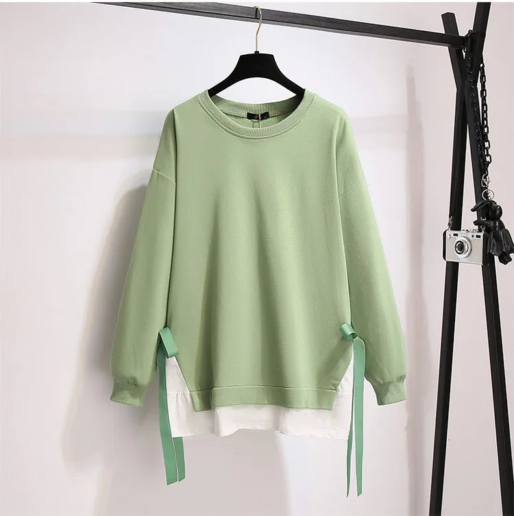 150Kg Plus Größe frauen Herbst Lose Oansatz Sweatshirts Fehlschlag 157cm 6XL 7XL 8XL 9XL 10XL Beiläufige Lange-ärmeln Gefälschte Zwei-stück Top