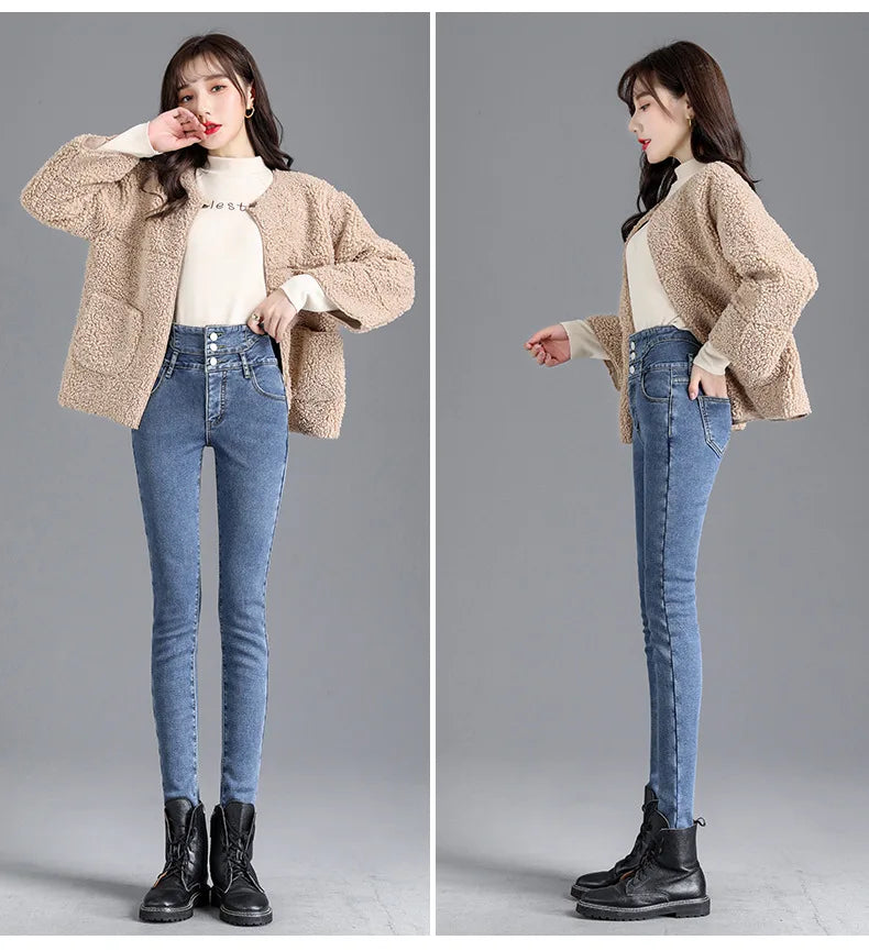 Thermische Winter Dicke Fleece High-taille Warme Dünne Jeans Dicke Frauen Stretch Taste Bleistift Hosen Mom Casual Samt Jeans
