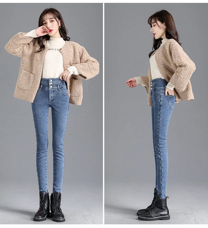 Thermische Winter Dicke Fleece High-taille Warme Dünne Jeans Dicke Frauen Stretch Taste Bleistift Hosen Mom Casual Samt Jeans