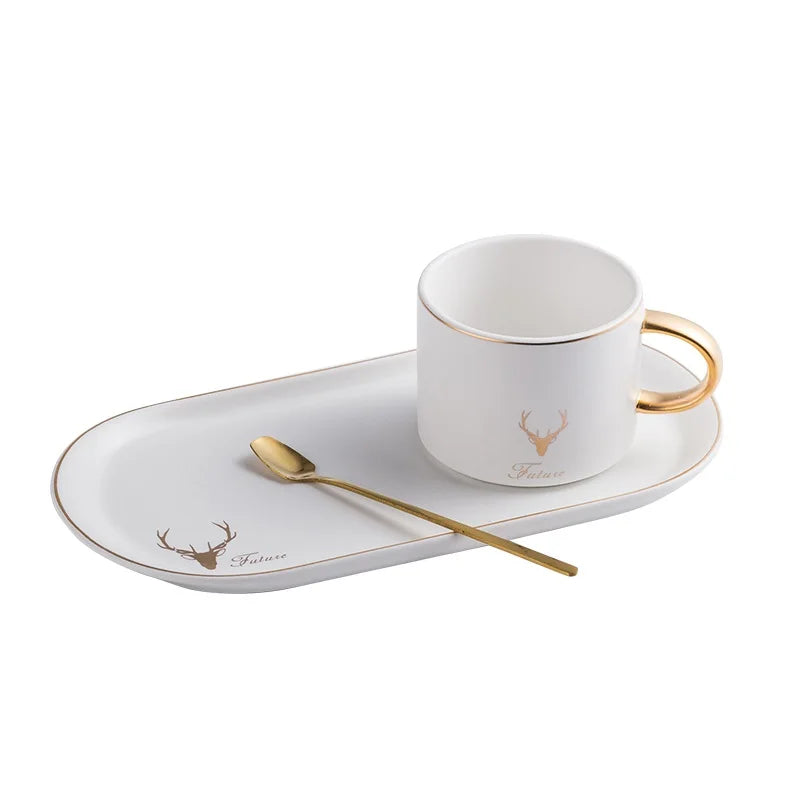 European Luxurious Gold Rim Ceramics Coffee Cups And Saucers Spoon Sets With Gift Box Tea Soy Milk Breakfast Mugs Dessert Plate