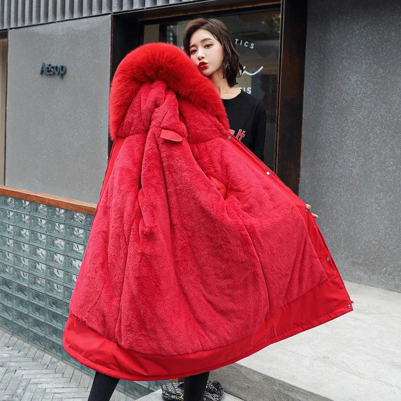 Neue Winterjacke für Damen, warme Parkas mit Pelzkragen, langer lässiger Parka, schmal, verdickt, Maxi-Größe, Damenmantel, Schnee-Kapuzenmäntel.