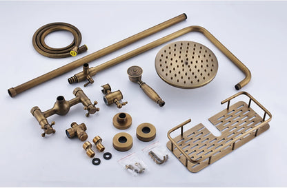 POIQIHY Antique Shower Set Wall Bathroom Bath Shower Faucet Rainfall Brass Swivel Spout Mixer Tap Sliding Bar Shower System