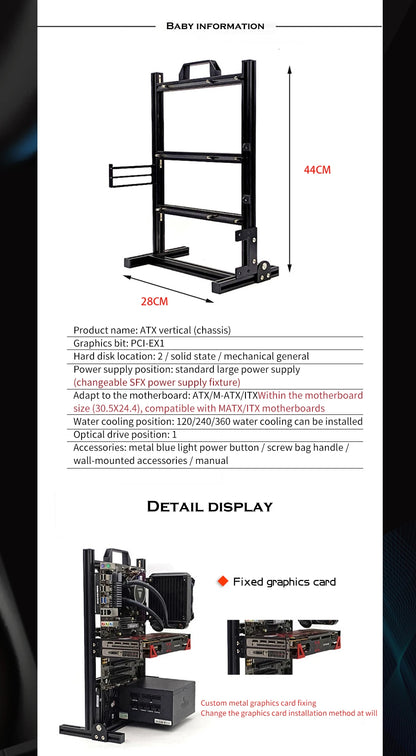 DIY Computer Open Frame,Vertical ATX/ ITX / MATX Gamer Cabinet Aluminum,Modding Desktop Gaming PC Case Water Air Cooler.