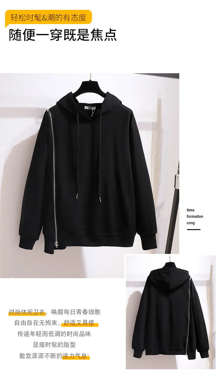 150Kg Plus Größe frauen Frühling Herbst Lose Mit Kapuze Sweatshirt Büste 154cm 6XL 7XL 8XL 9XL 10XL Lange hülse Gefälschte Zipper Top Schwarz.