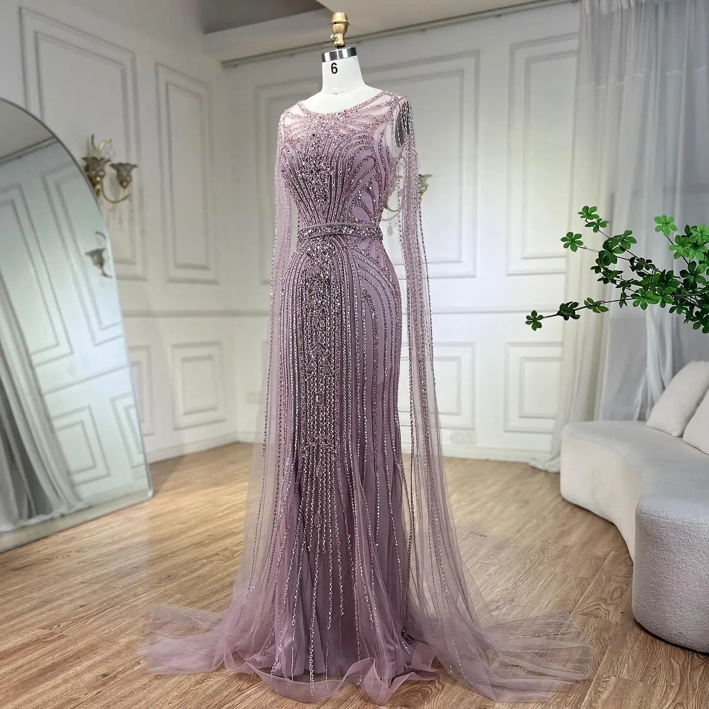 Taupe Cape Sleeves O Neck Beaded Evening Dresses Serene Hill LA70638 Mermaid Party Wear Gowns for Women.