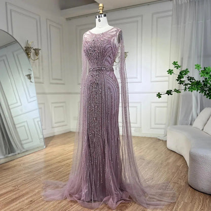 Taupe Cape Sleeves O Neck Beaded Evening Dresses Serene Hill LA70638 Mermaid Party Wear Gowns for Women.