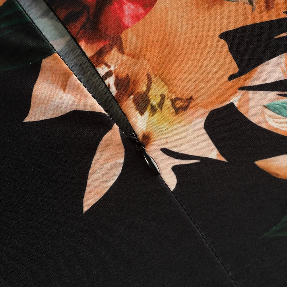 Nice-forever Vintage Elegante Blumen Druck Plissee Rundhals vestidos A-Line Pinup Business Party Frauen Flare Swing Kleid A102