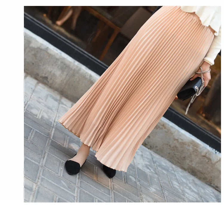 Classical Women Pleated Skirt 90cm/80cm Long Female Elastic Waist Skirt Big Size Velvet Pleated Skirt for Winter Ankle-Length