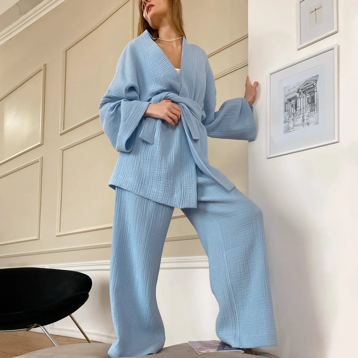 NHKDSASA Kimono Pajamas 2023 New 100% Cotton Crepe Long-Sleeved Trousers Ladies Sleepwear Suit Women's Home Service Mujer.