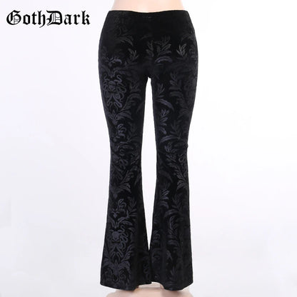 Goth Dark Vintage Floral Scratched Mall Gothic Pants Velvet High Waist Skinny Flare Trousers for Women Streetwear Cyber Y2K Pant.
