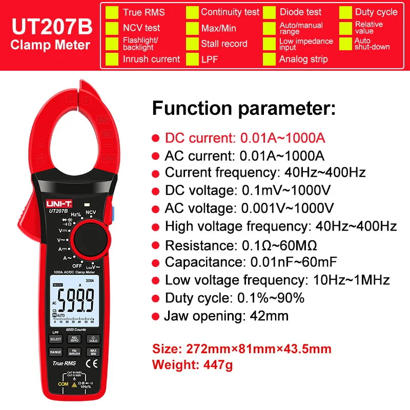 UNI-T Zangenmessgerät UT207B UT208B AC DC Amperometrische Zange Digitalmultimeter Amperemeter Zange Einschaltstrom Tester Werkstatt Werkzeuge