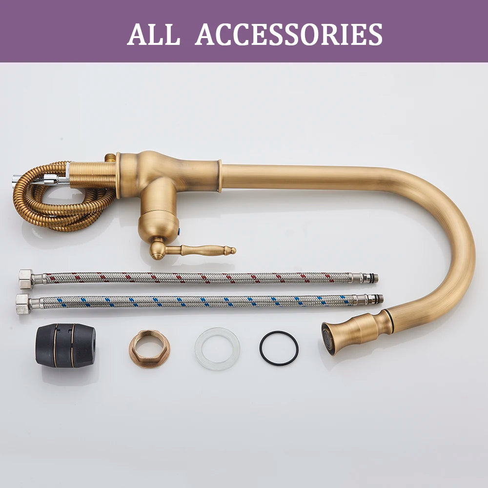 Antique Brass Kitchen Sink Faucet Pull Down Swivel Spout Kitchen Deck Mounted Bathroom Hot and Cold Water Mixers Tap