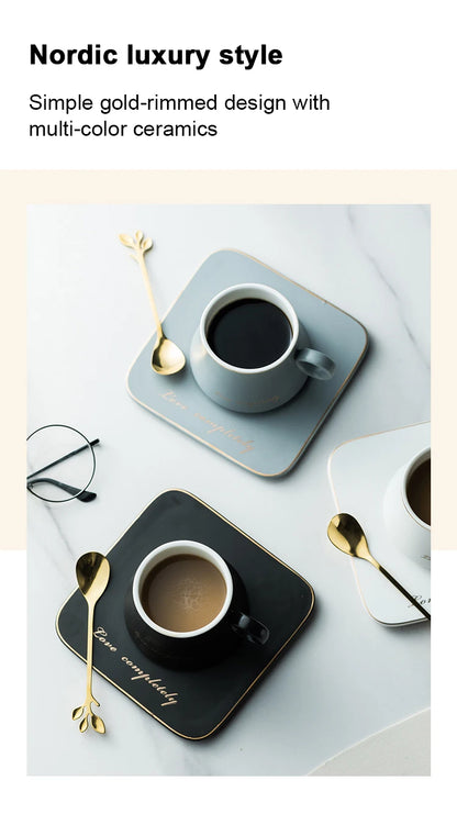 Nordic Ins Ceramic Mug Soy Milk Breakfast Condensed Coffee Tea Cup And Saucer Sets Gold Spoon Mugs Fashion Restaurant Snack Cups.