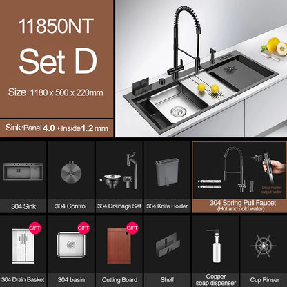 ASRAS New Nanometer Large Size Single Cup Rinser Kitchen Sink 4mm Thickness 220mm Depth With Drain Plate Knife Holder Sinks