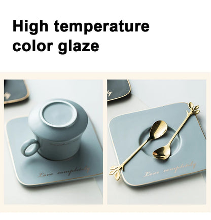 Nordic Ins Ceramic Mug Soy Milk Breakfast Condensed Coffee Tea Cup And Saucer Sets Gold Spoon Mugs Fashion Restaurant Snack Cups.