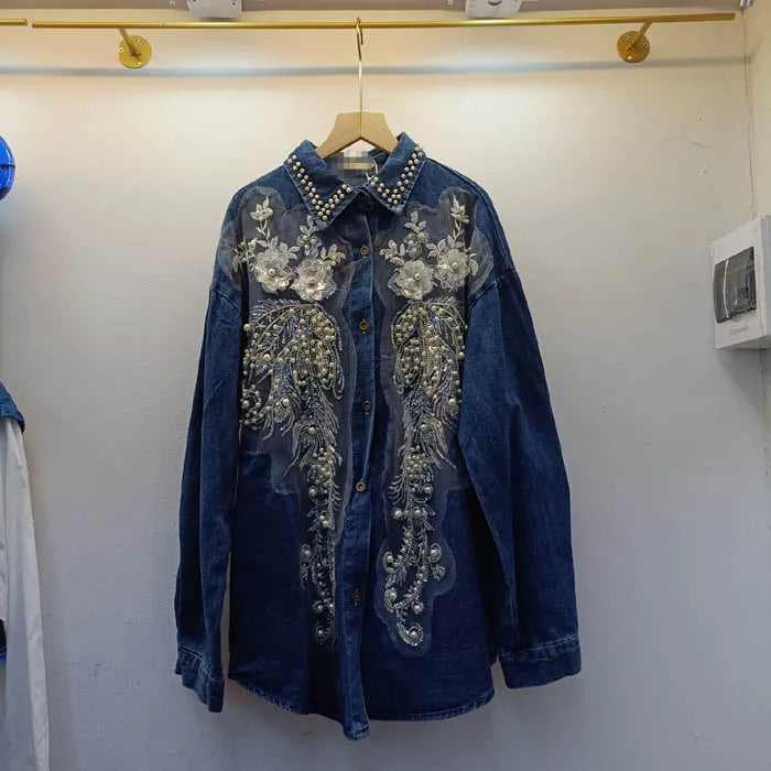 CS0582 New 2025 European Spring Fashion Lace Beading Patch Vintage Jeans Blouse Long Sleeve Denim Women's Shirt Tops Wholesale.