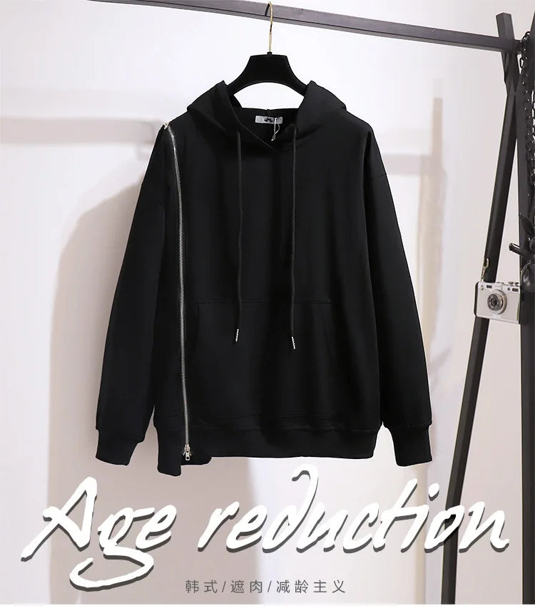 150Kg Plus Größe frauen Frühling Herbst Lose Mit Kapuze Sweatshirt Büste 154cm 6XL 7XL 8XL 9XL 10XL Lange hülse Gefälschte Zipper Top Schwarz.