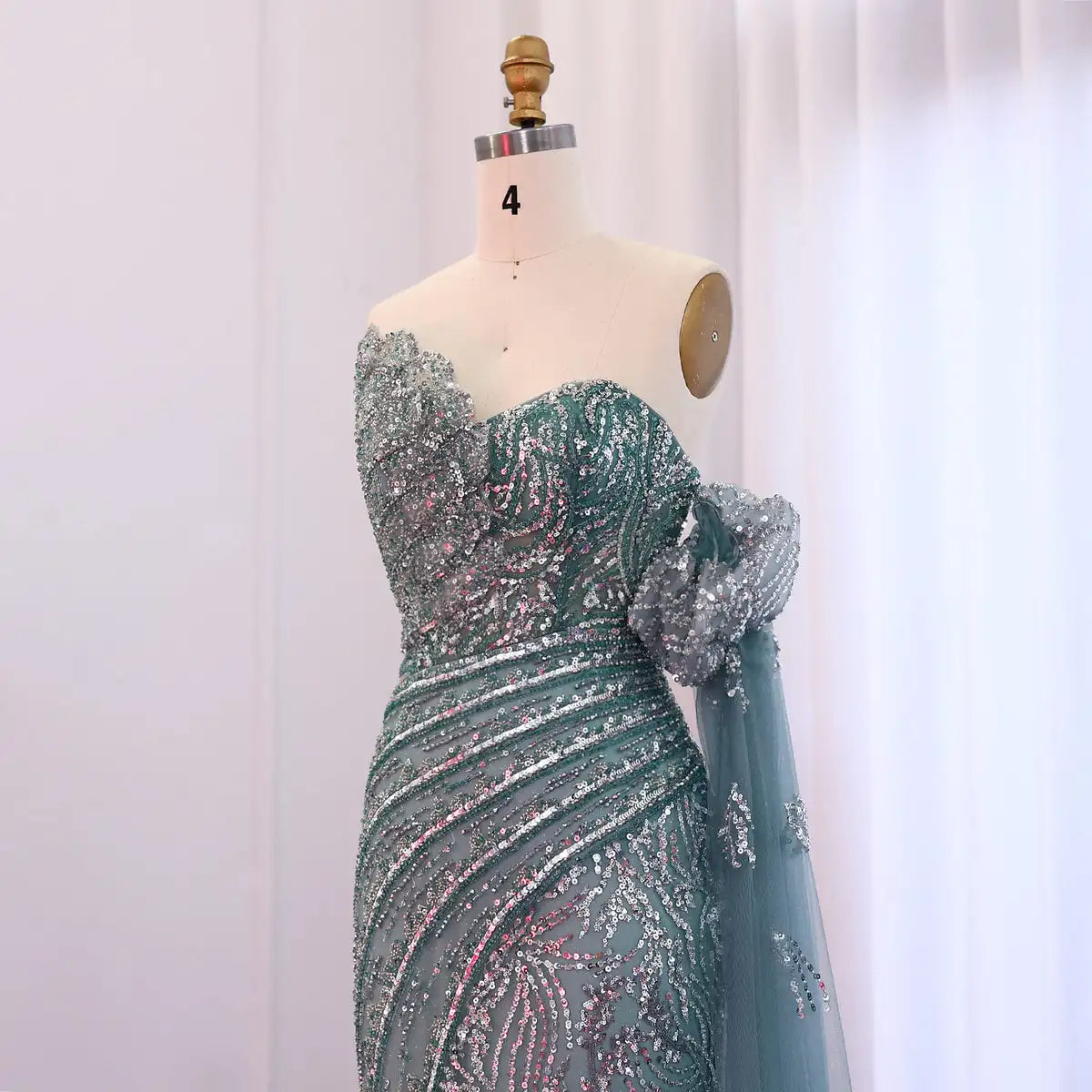 Jancember LSZ021 Asymmetric Sequins Mermaid Evening Party Dresses With Cape Sleeve.