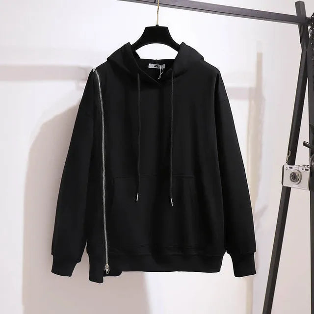 150Kg Plus Größe frauen Frühling Herbst Lose Mit Kapuze Sweatshirt Büste 154cm 6XL 7XL 8XL 9XL 10XL Lange hülse Gefälschte Zipper Top Schwarz