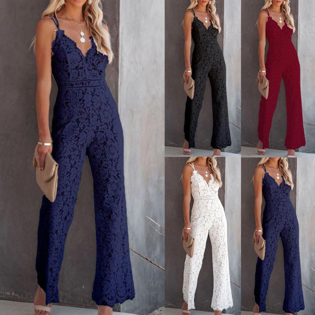 Solid Lace Jumpsuits Women Sleeveless Romper High Waist V-Neck Wide Leg Playsuits and Jumpsuit Women bodysuit Combinaison femme.