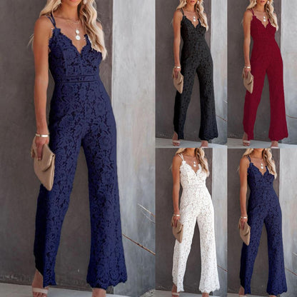 Solid Lace Jumpsuits Women Sleeveless Romper High Waist V-Neck Wide Leg Playsuits and Jumpsuit Women bodysuit Combinaison femme.