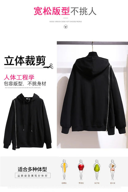 150Kg Plus Größe frauen Frühling Herbst Lose Mit Kapuze Sweatshirt Büste 154cm 6XL 7XL 8XL 9XL 10XL Lange hülse Gefälschte Zipper Top Schwarz.