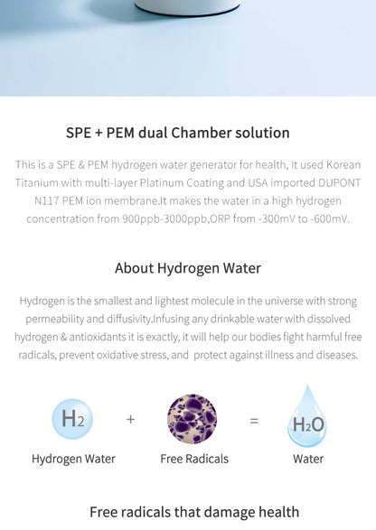 Max 3000ppb Hydrogen Rich Water Generator- 3 in 1 use(Breath with tube) DuPont SPE+PEM Dual Chamber H2 electrolysis Water Bottle.
