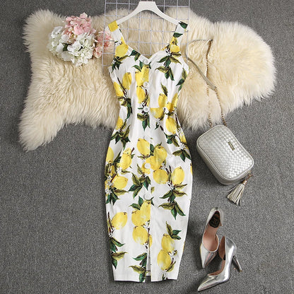 ALPHALMODA-Stretchy Tank-Kleid für Damen, schmales Baumwollkleid, einreihig, Blumendruck, elegant, Sommer, neu.