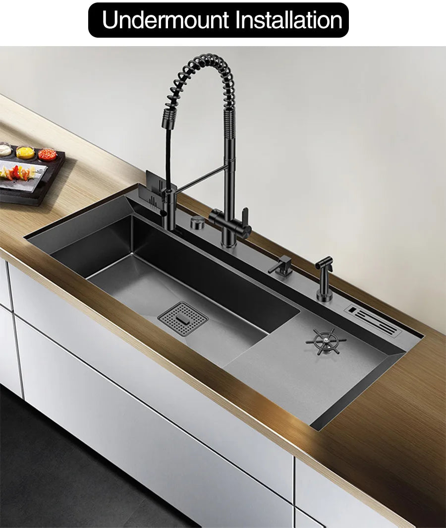 ASRAS New Nanometer Large Size Single Cup Rinser Kitchen Sink 4mm Thickness 220mm Depth With Drain Plate Knife Holder Sinks