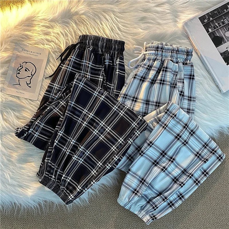 Hosen Frauen Neue Haufen füße Mode Lose Schwarz Plaid Sommer Harajuku Studenten Streetwear Harem Lange Hosen Frauen Chic.