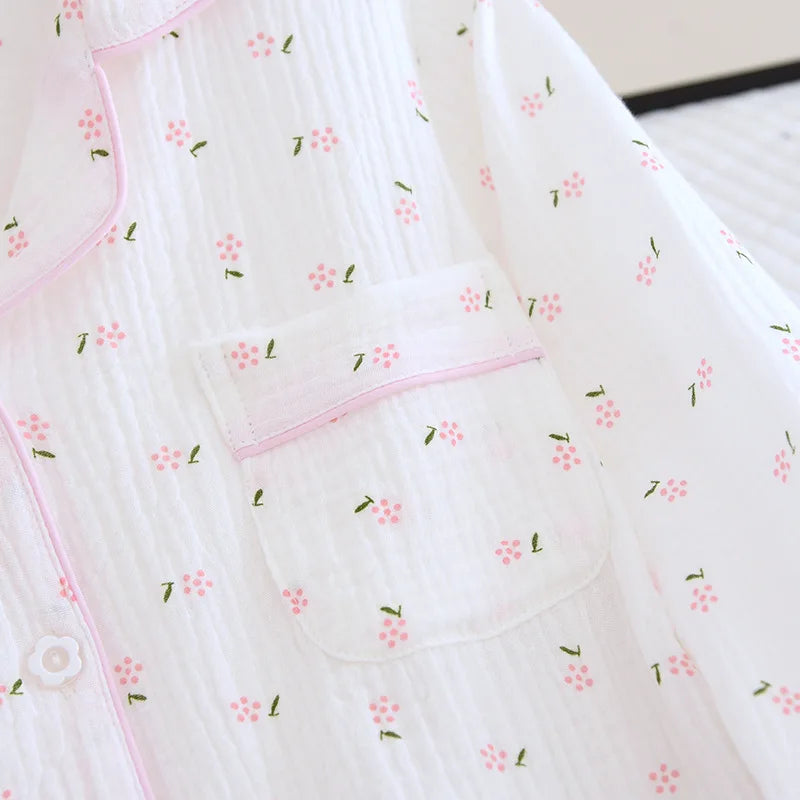 Fdfklak Spring Fall Full Sleeve Homewear Loose 2Pcs Pajama Set 100% Gauze Cotton Casual Print Sleeping Shirt Home Wear Clothes.