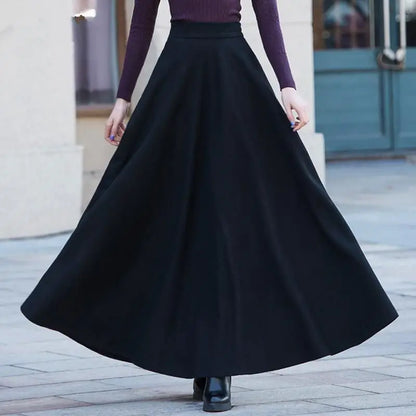 FairyShely 2025 Autumn Winter Retro High Waist Pleated Skirt Women Casual Pocket Woolen Maxi Skirt female Flare Red Long skirt