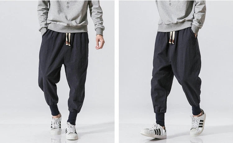 Cotton Linen Harem Pants Men Solid Elastic Waist Streetwear Joggers New Baggy Drop-crotch Pants Casual Trousers Men.