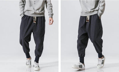 Cotton Linen Harem Pants Men Solid Elastic Waist Streetwear Joggers New Baggy Drop-crotch Pants Casual Trousers Men.