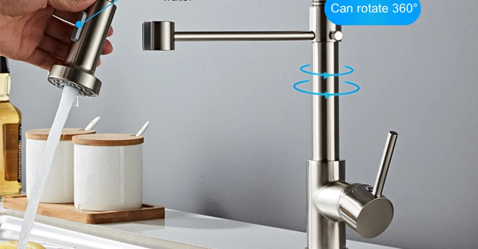 VGX Kitchen Faucet with Pull Down Sprayer Single Handle Mixer for Basin 360° Rotating Spring Style Taps Brass Chrome Gold Black