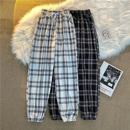 Hosen Frauen Neue Haufen füße Mode Lose Schwarz Plaid Sommer Harajuku Studenten Streetwear Harem Lange Hosen Frauen Chic.