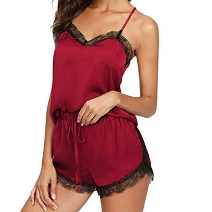 Heißer verkauf damen sommer sexy seide spitze einfarbig pyjamas leibchen top shorts haut-freundliche hause unterwäsche pyjamas set einzelhandel.