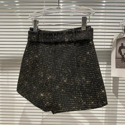 2022 Spring Autumn New shiny sequins Plaid Shorts with Belt for Lady Rhinestone Bright Silk Tweed Folding Short Boots Women