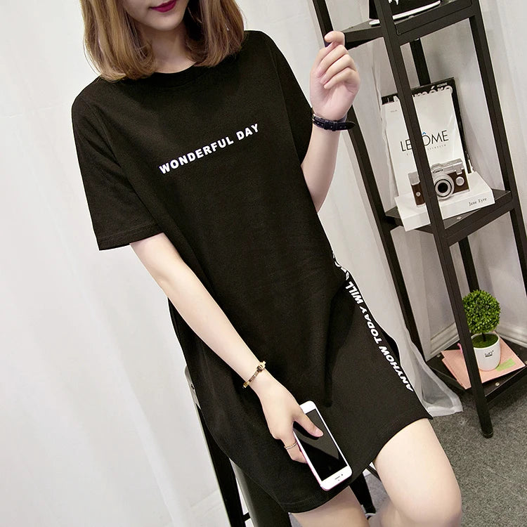 WONDERFUL DAY Print Long T shirts Summer Women Loose Slit Femme Tops  Tshirt Short sleeve Ladies t-shirt