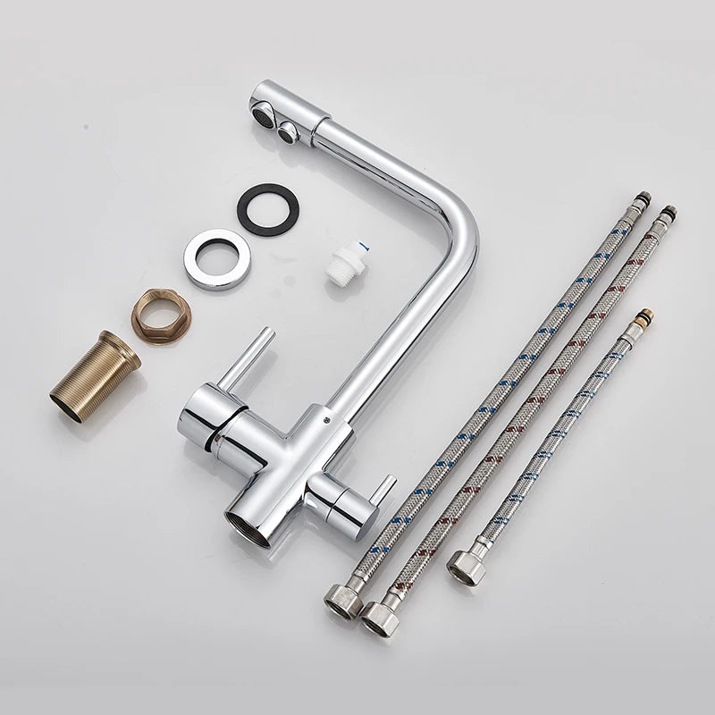 Filter Kitchen Faucet Chrome Drinking Pure Water Kitchen Tap Deck Mounted Dual Handles 3-Ways Hot and Cold Water Mixer