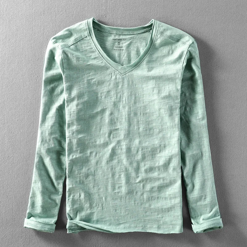 Fashionable Bamboo Cotton Long Sleeve Vintage T-shirts Men Casual Thin Tops Tees Comfortable Tshirt Distressed T-shirt.