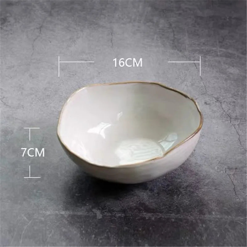 European Style Ceramic Kitchen Tableware Irregular Rice Bowl Creative Dessert Salad Bowl Porcelain Dinner Plate Sauce Dish.