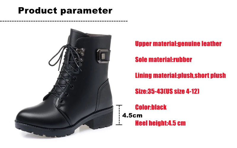 WOIZGIC Female Ladies Women Genuine Leather Ankle Boots Platform Winter Antumn Plush Fur Warm Shoes Plus Size Lace Up 35-43.