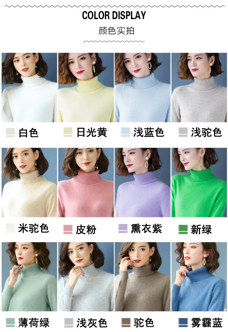 Herbst Winter 100% Nerz Kaschmir Pullover Frauen Strickwaren Pullover Dicke Warme Einfarbig Plus Größe Basis Hohe Revers Kleidung Tops.