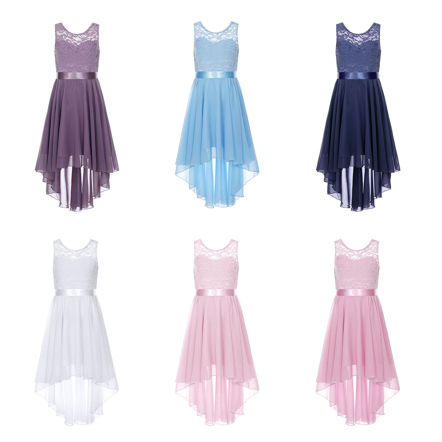 Blumenmädchen-Chiffonkleid mit floraler Spitze, Sommer, ärmellos, hoher, niedriger Saum, formelles Hochzeitskleid für Brautjungfer, Junior, Prinzessin.