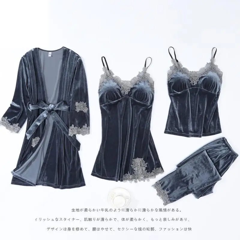 Autumn Velvet Women 4PCS Pajamas Set Sleepwear Burgundy Velour Bathrobe Nightwear Lace Patchwork Pijamas Suit Sexy Negligee.