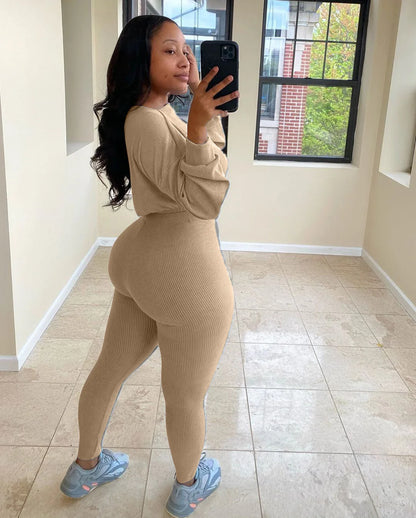 Letter Printed Embroidery Women Two Piece Ribbed Tracksuits Fall Spring Long Sleeve Sweatshirt and Skinny Pants Set.