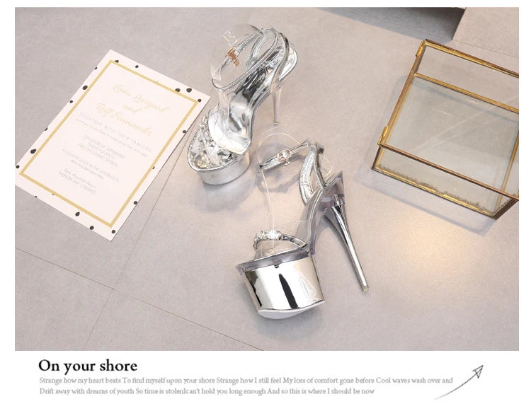 Sexy High Heels For Ladies Modern Sandals Electroplated Heel Women Shoes 2023 New Clear Peep Toe DRESS Crystal Shoes Size 43.