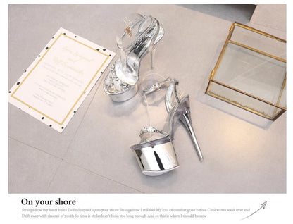 Sexy High Heels For Ladies Modern Sandals Electroplated Heel Women Shoes 2023 New Clear Peep Toe DRESS Crystal Shoes Size 43.